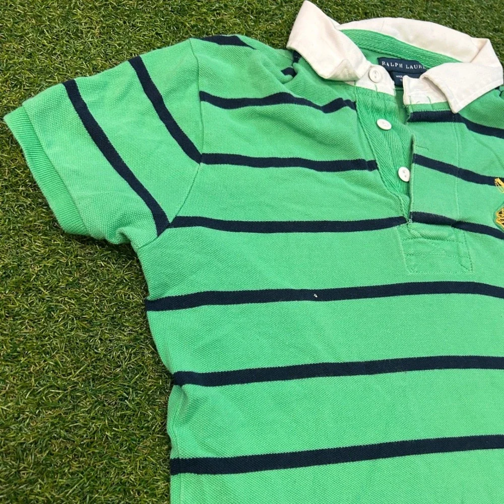 Ralph Lauren Mens Green Navy Striped Crest Rugby Polo Shirt Large Short Sleeve
